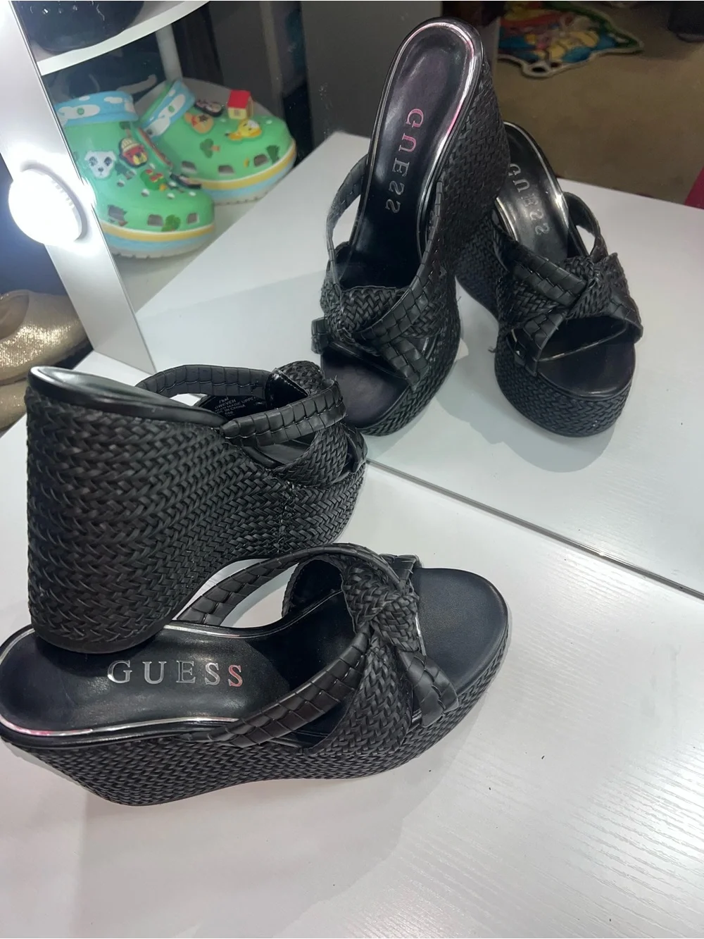 GUESS Black Eveh Knotted Jute Wrapped Platform Wedge Sandals